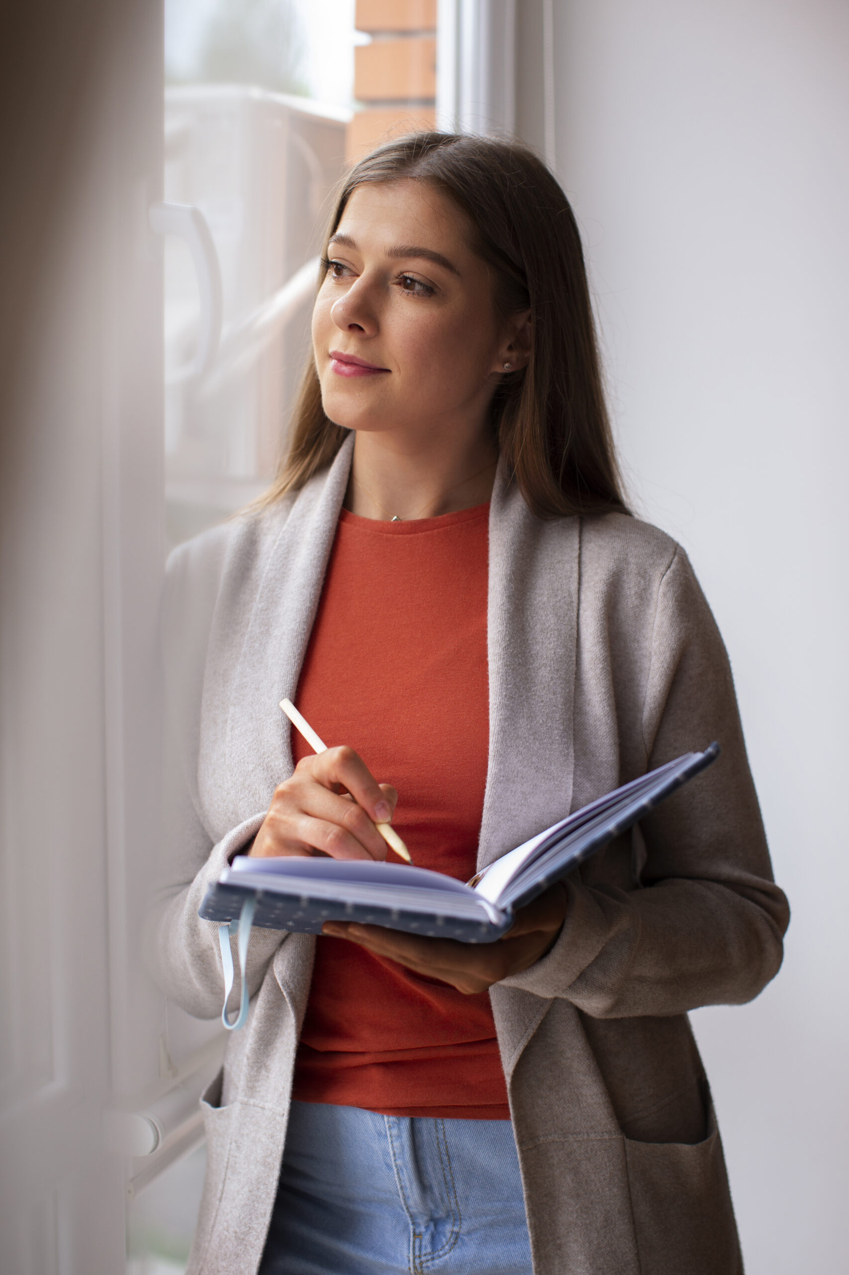 front view young woman spending time home