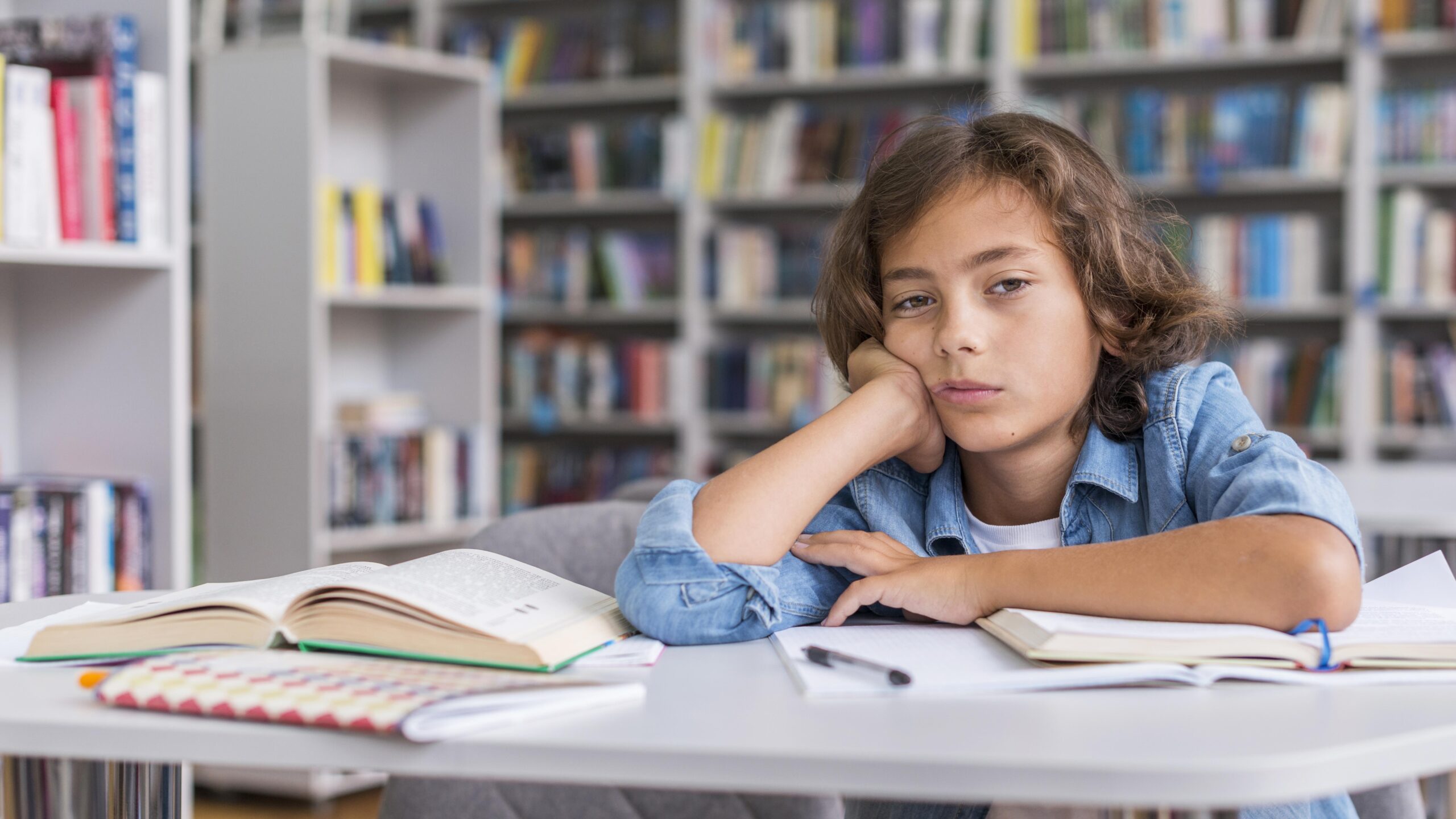 boy being bored while he s doing his homework with copy space
